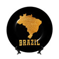Bone China Decorative Plate with Display Stand, Brazil Brazilian Map Golden Emblem Round Ceramic Dinner Plate Art Crafts for Home Decor 7in