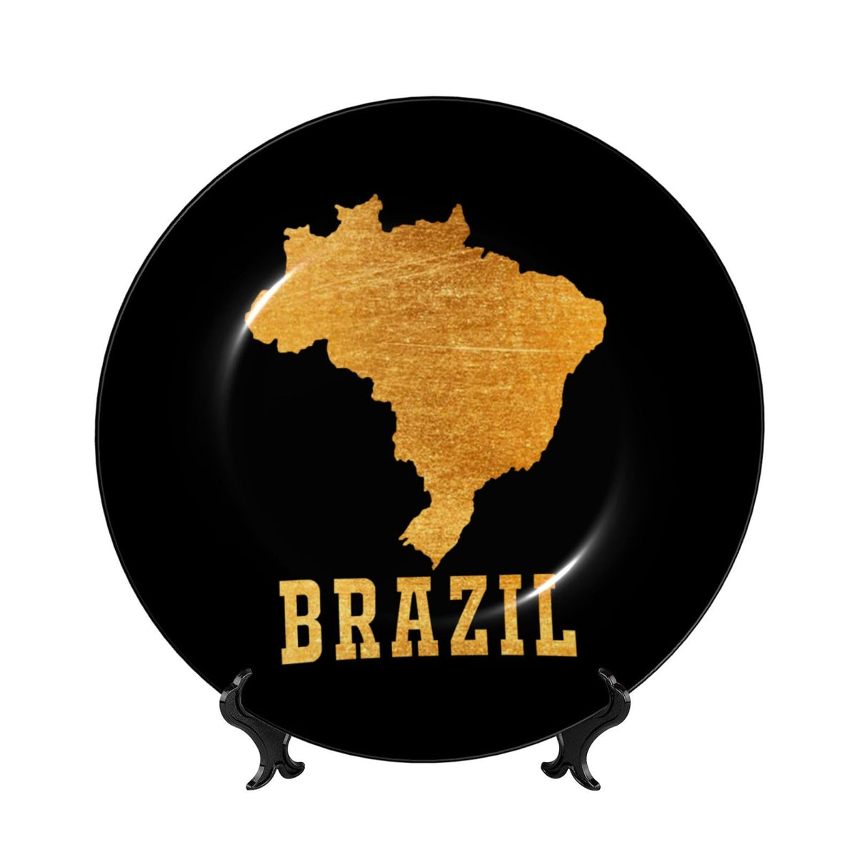 Bone China Decorative Plate with Display Stand, Brazil Brazilian Map Golden Emblem Round Ceramic Dinner Plate Art Crafts for Home Decor 7in