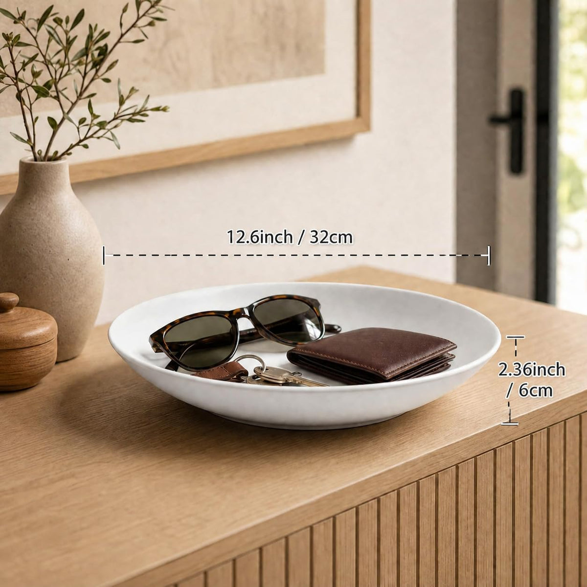hjn 12.6 Inch Large Ceramic Decorative Bowl, Versatile Catchall Tray for Fruit, Keys, Jewelry, Coins, Elegant White Glazed Centerpiece for Kitchen Counter, Entryway Table, Coffee Table or Nightstand