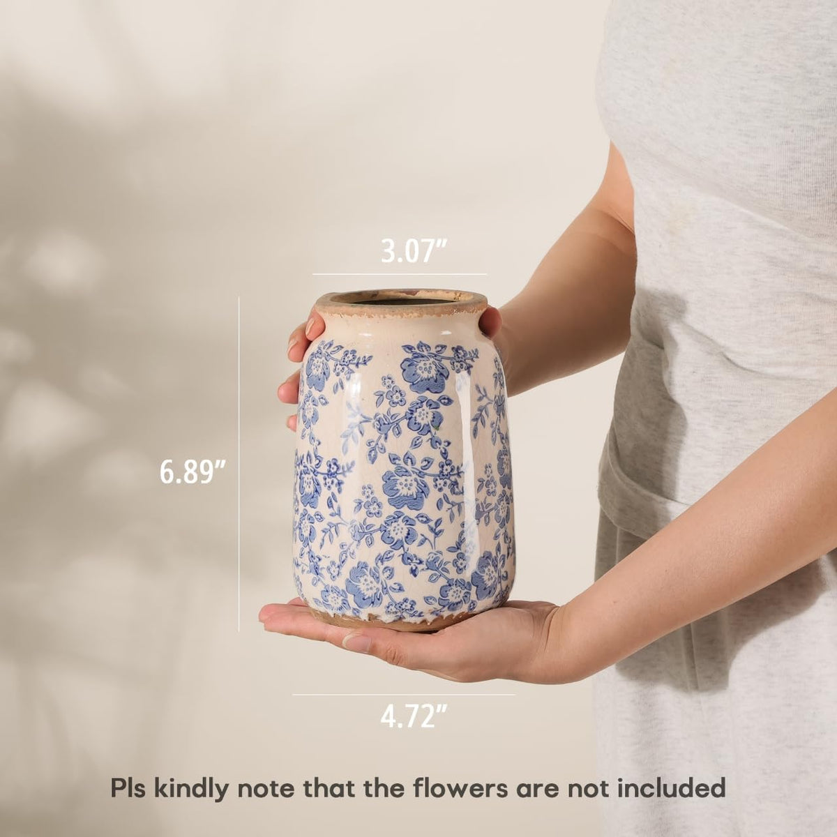 Ronasip Vintage Blue and White Chinoiserie Ceramic Vase, 6.9” Hand-Painted Peony Floral Design, Antique Style Vases for Home Decor, Centerpieces, Living Room, Balcony (Blue and White)