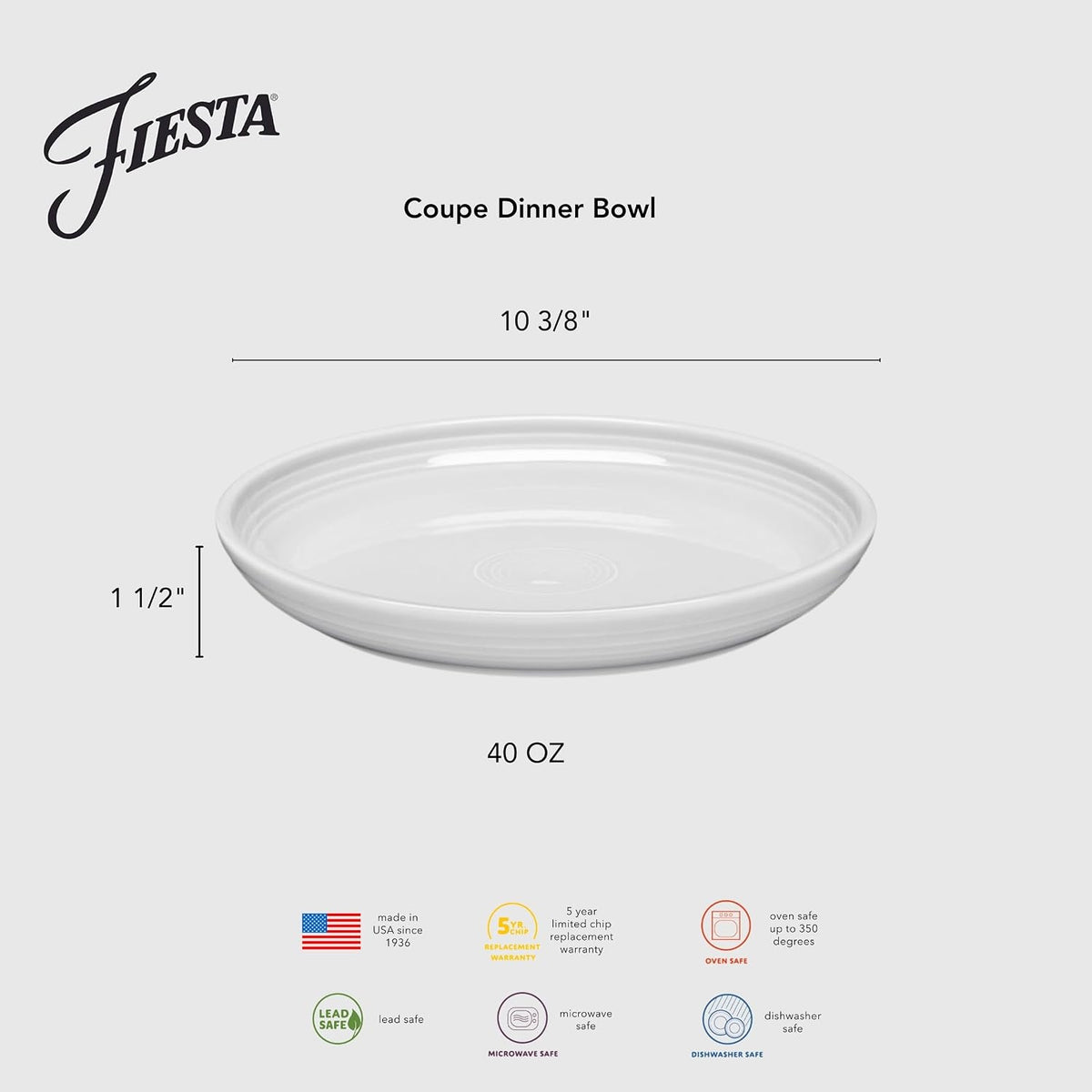Fiesta® Coupe Dinner Bowl Plate 10.375” Dinner Plate 40 oz – Durable Ceramic, Lead-Free, Dishwasher/Microwave/Oven Safe – Made in USA - Lapis