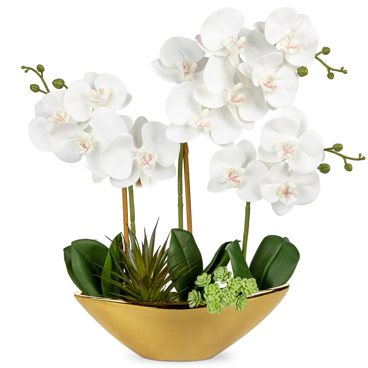 Briful Orchid Artificial Flowers 18in White Fake Orchid Silk Flowers with Ceramic Pot Faux Orchid Arrangement for Home Office Room Coffee Table Centerpiece Modern Decoration