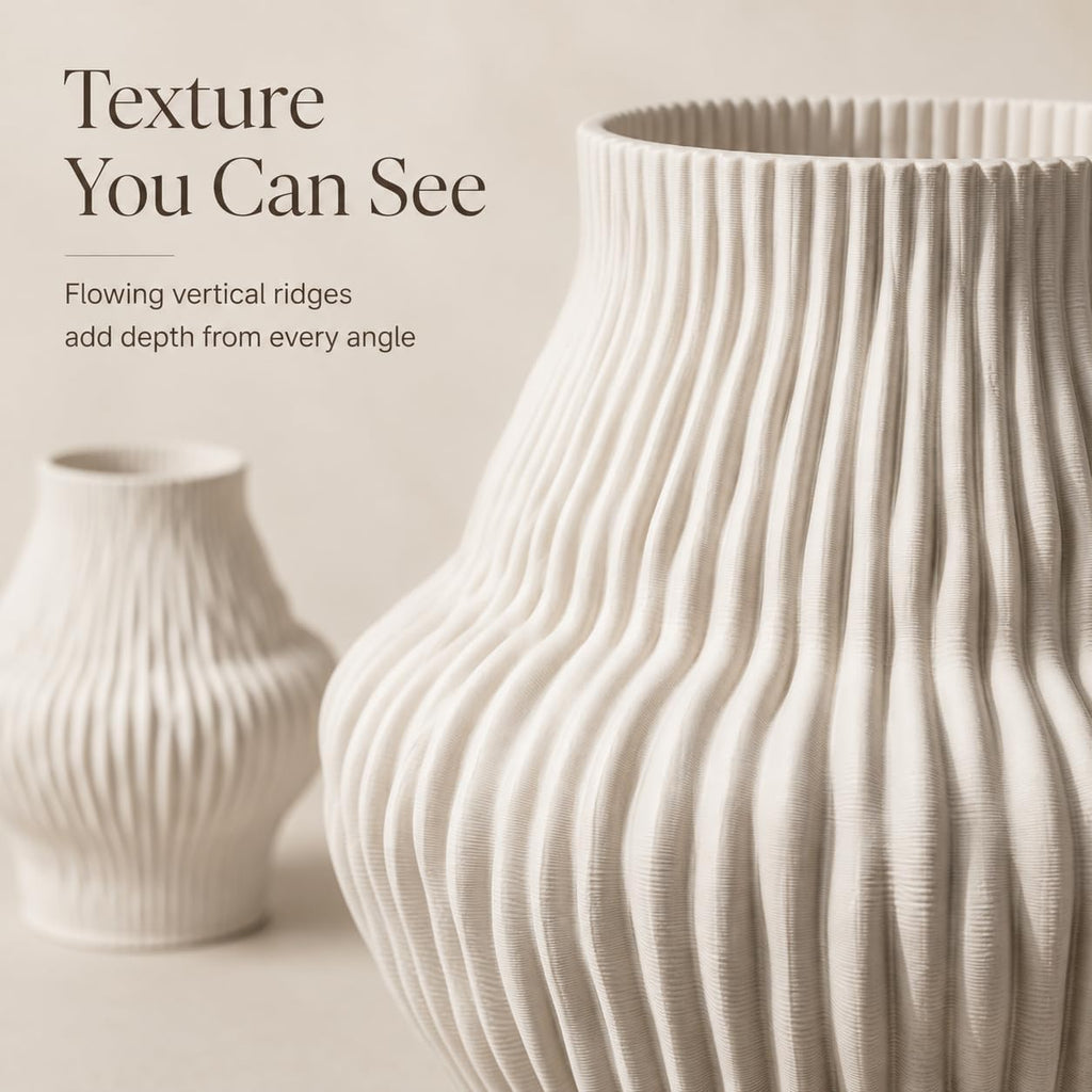 Set of 2 White Ceramic Vases, Ivory Pleated Sculptural Flower Vases