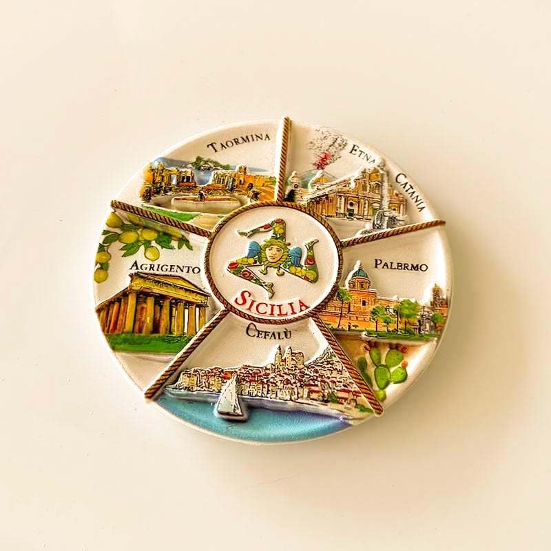 Sicilia Italian Cities Decorative Ceramic Plate, Hand-Painted Souvenir with Taormina, Etna, Agrigento, Palermo, Cefalu Landmarks, 3D Relief Design