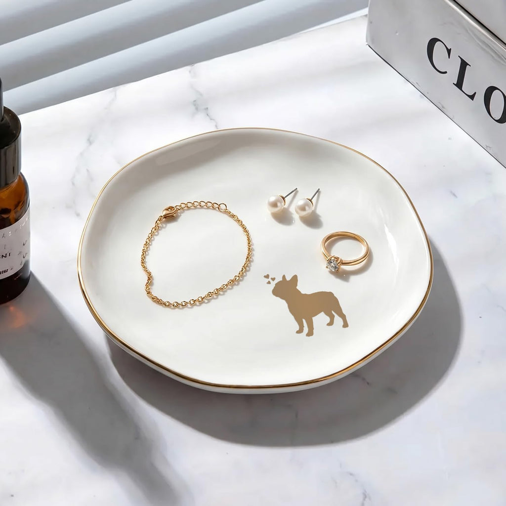 French Bulldog Jewelry Dish Tray for Dog Lover,Ceramic Trinket Tray, Key Bowl, Decorative Plate 4.7 in