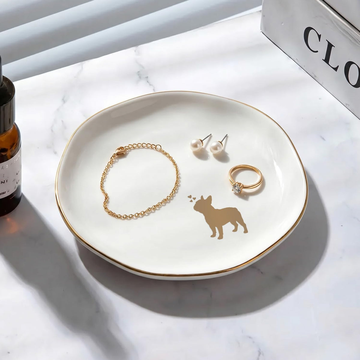 French Bulldog Jewelry Dish Tray for Dog Lover,Ceramic Trinket Tray, Key Bowl, Decorative Plate 4.7 in