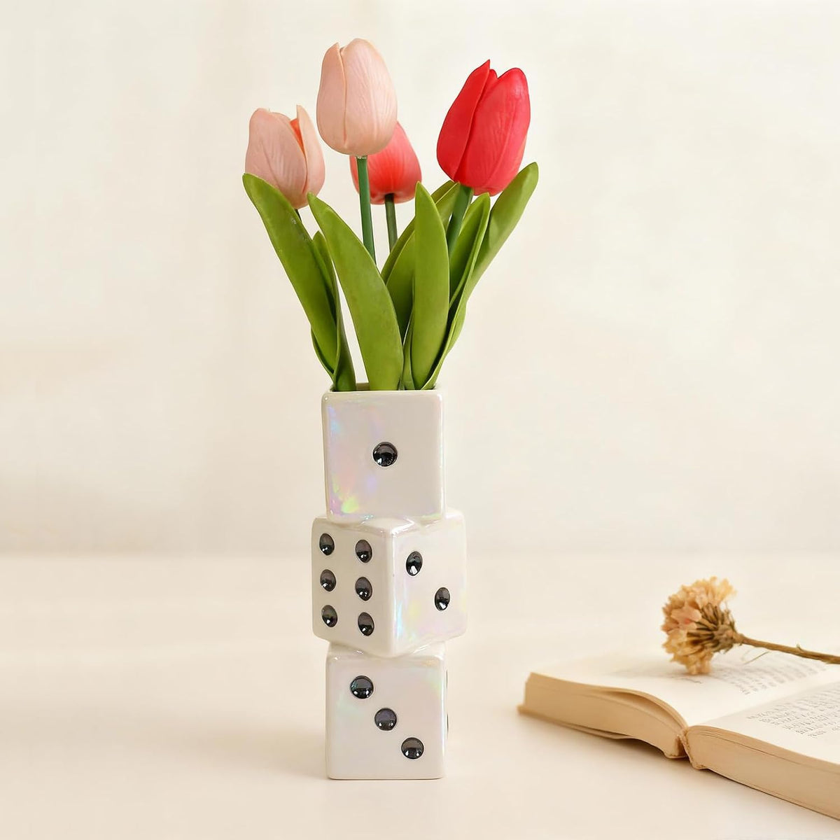 MOUGIGI Ceramic Dice Vase-Unique Decor for Dried Flowers,Rose,Pampas Grass