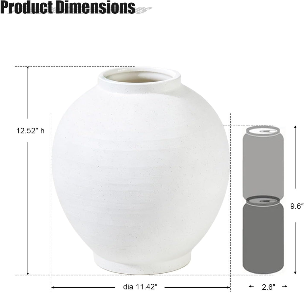 White Ceramic Vase, Large 12.5 Inch Tall Round Floor Vase for Centerpieces, Farmhouse Flower Vases, Rustic Minimalist Home Decor