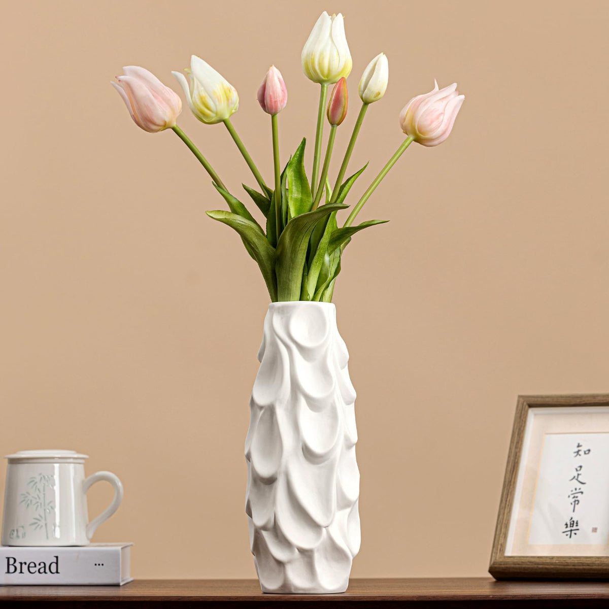 White Ceramic Vase for Flowers, 10 Inch Ruffled Vase for Home Decor Gift