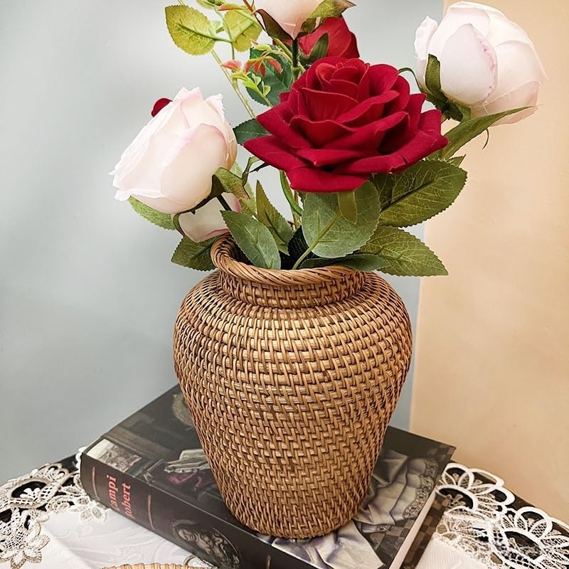 Small Rattan Vase, 7.9" High Hand Woven Wicker Flower Vase for Home Decor