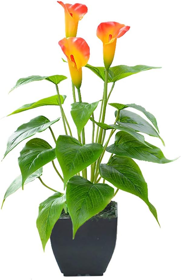 Beebel Artificial Flower Plants Calla Lily Faux Small Potted Plant with Black Pot Fake Bonsai Flower for Home, Office, Indoor and Outdoor Occasions Decor (Orange Fake Flower)