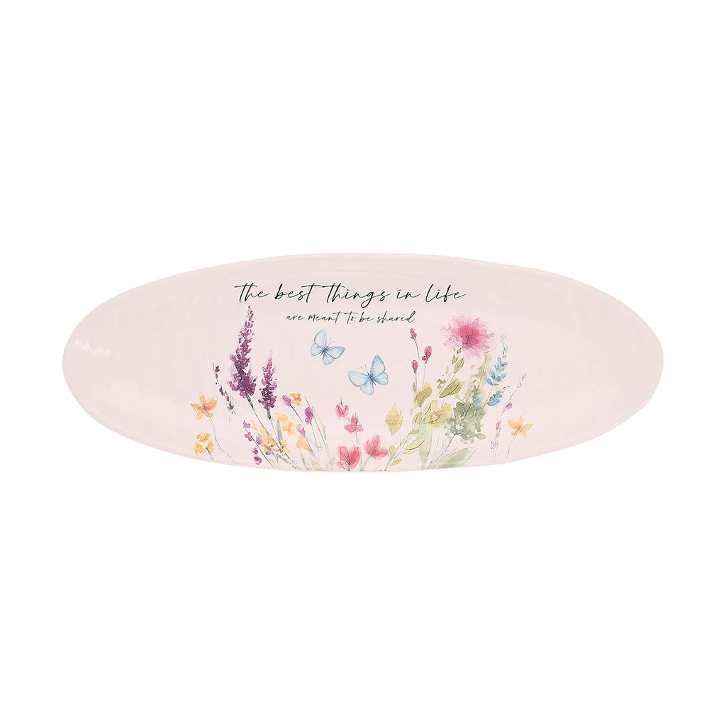 Pavilion - The Best Things in Life Ceramic Tray, Serving Platter, Appetizer Plate, Oval Food Tray, Watercolor Floral/Garden Design, 1 Count, 12 x 4.5 x 1-inch, Multicolor