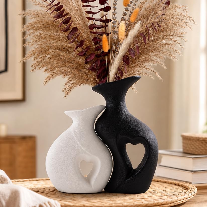 Ceramic Vase Set of 2, Heart Vases for Home Decor, Wedding Gift for Couples