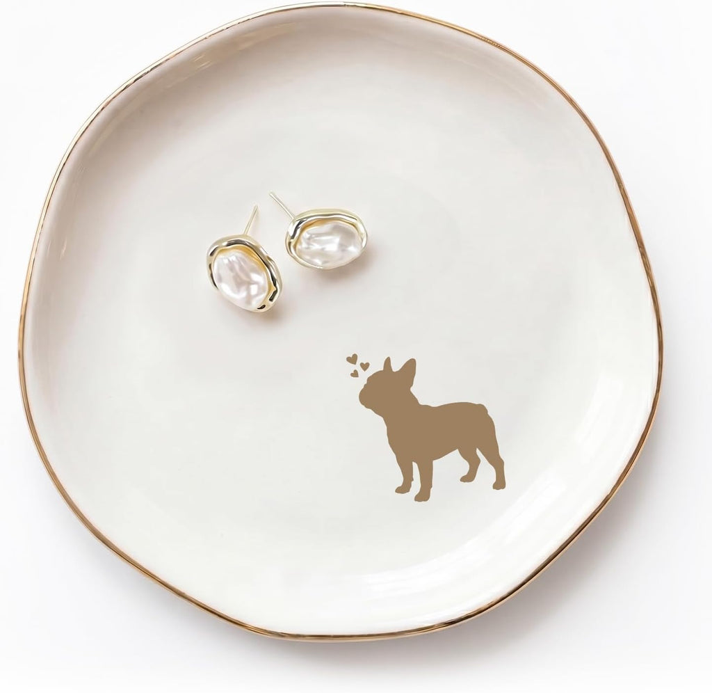 French Bulldog Jewelry Dish Tray for Dog Lover,Ceramic Trinket Tray, Key Bowl, Decorative Plate 4.7 in