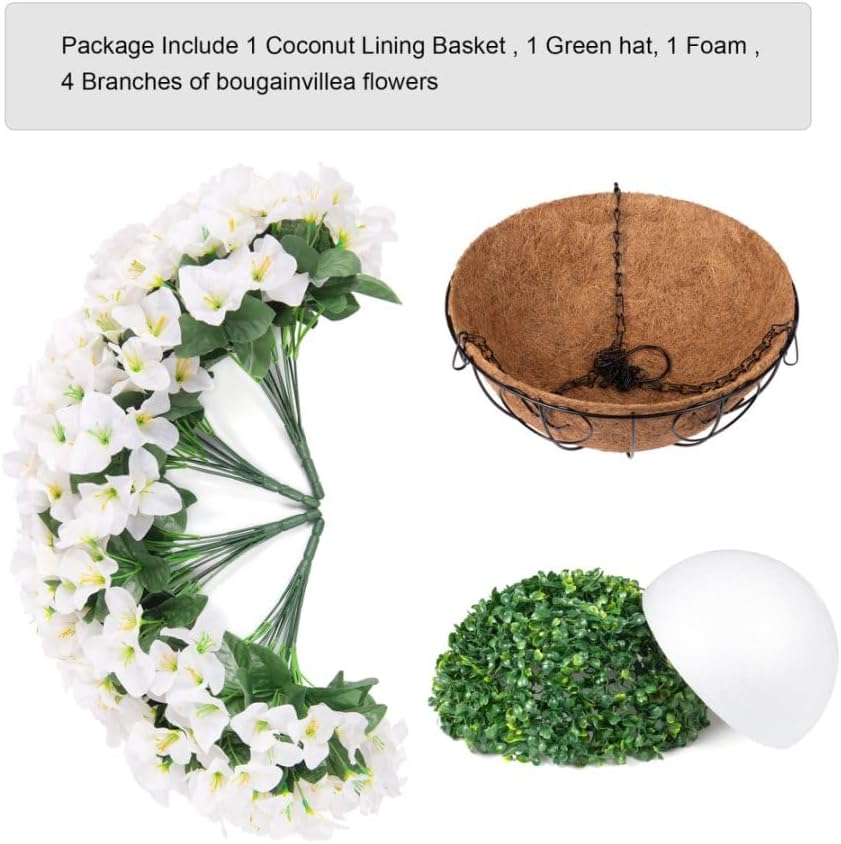 Artificial Hanging Flowers Faux Plants Basket for Outdoors Fall Winter Decor, Fake Silk Bougainvillea in Planter Outdoor Look Real UV Resistant Faux Flower for Outside Porch Patio Garden Home, White