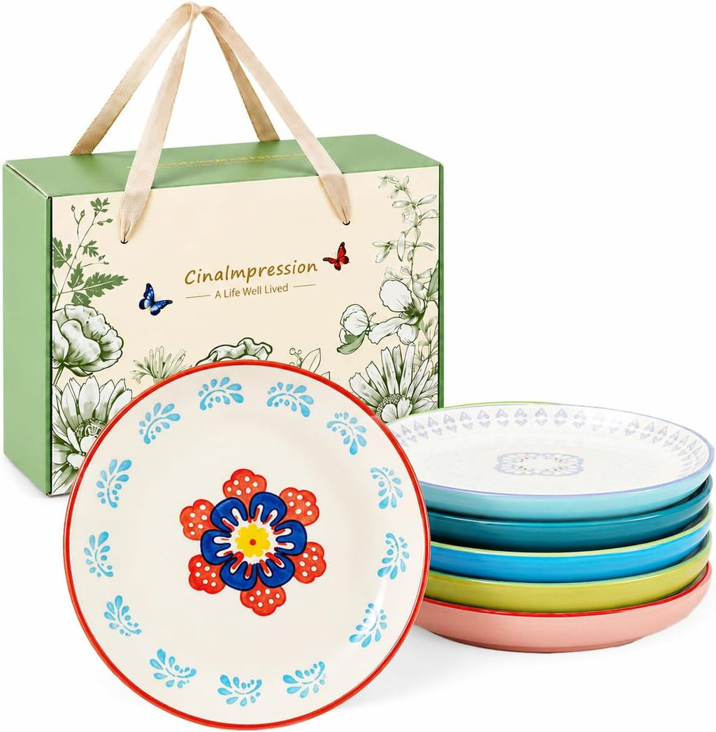UniqueLife CINAIMPRESSION Hand Painted Ceramic Plates Set of 6, 6 Inch Mixed Design Dessert Plates