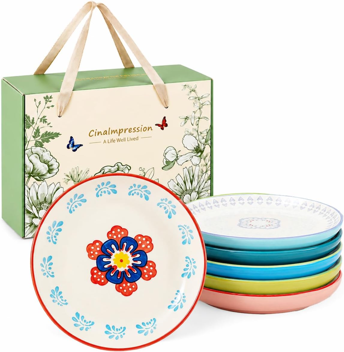 UniqueLife CINAIMPRESSION Hand Painted Ceramic Plates Set of 6, 6 Inch Mixed Design Dessert Plates