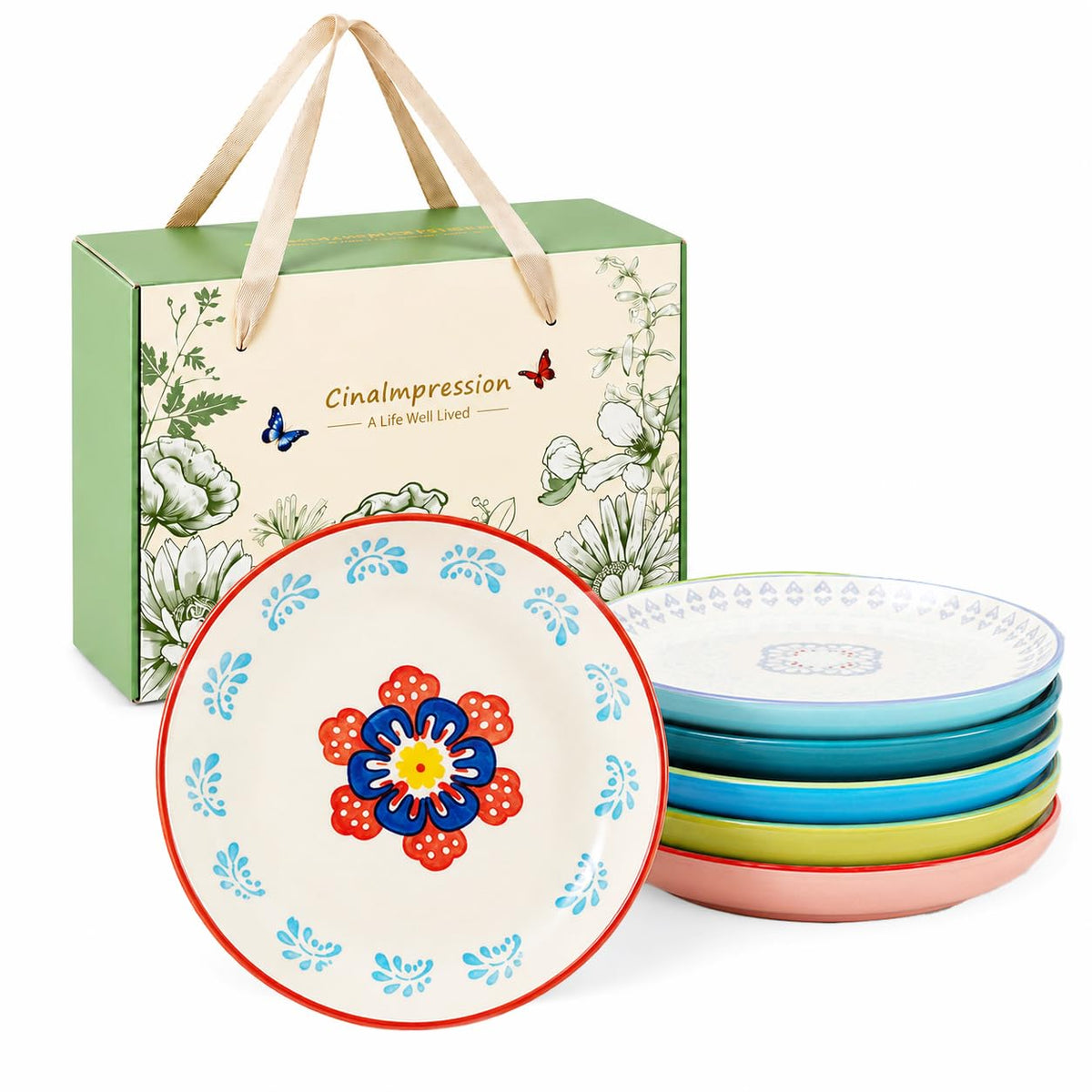 UniqueLife CINAIMPRESSION Hand Painted Ceramic Plates Set of 6, 6 Inch Mixed Design Dessert Plates