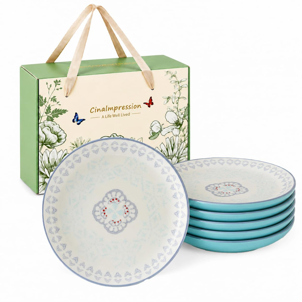 UniqueLife CINAIMPRESSION Hand Painted Ceramic Plates Set of 6, 6 Inch Mixed Design Dessert Plates