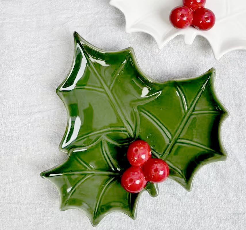 Christmas Holly Leaf Ceramic Trinket Dish, Green Leaf Tray with Red Berry Decor, Small Decorative Plate for Jewelry Snack Tabletop Home Xmas Decoration Gift