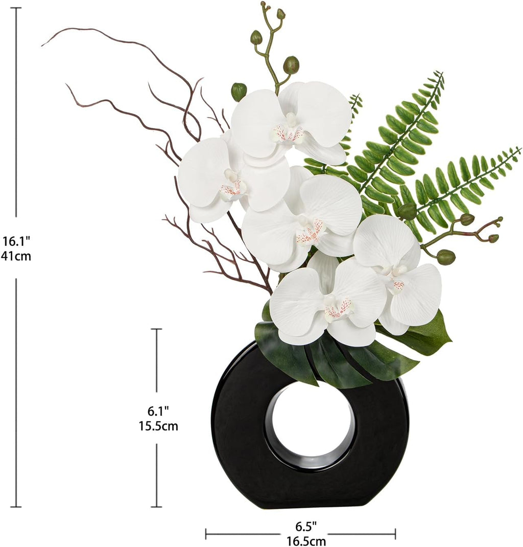 Briful 16.1" Orchid Artificial Flowers in Black Ceramic Vase, White