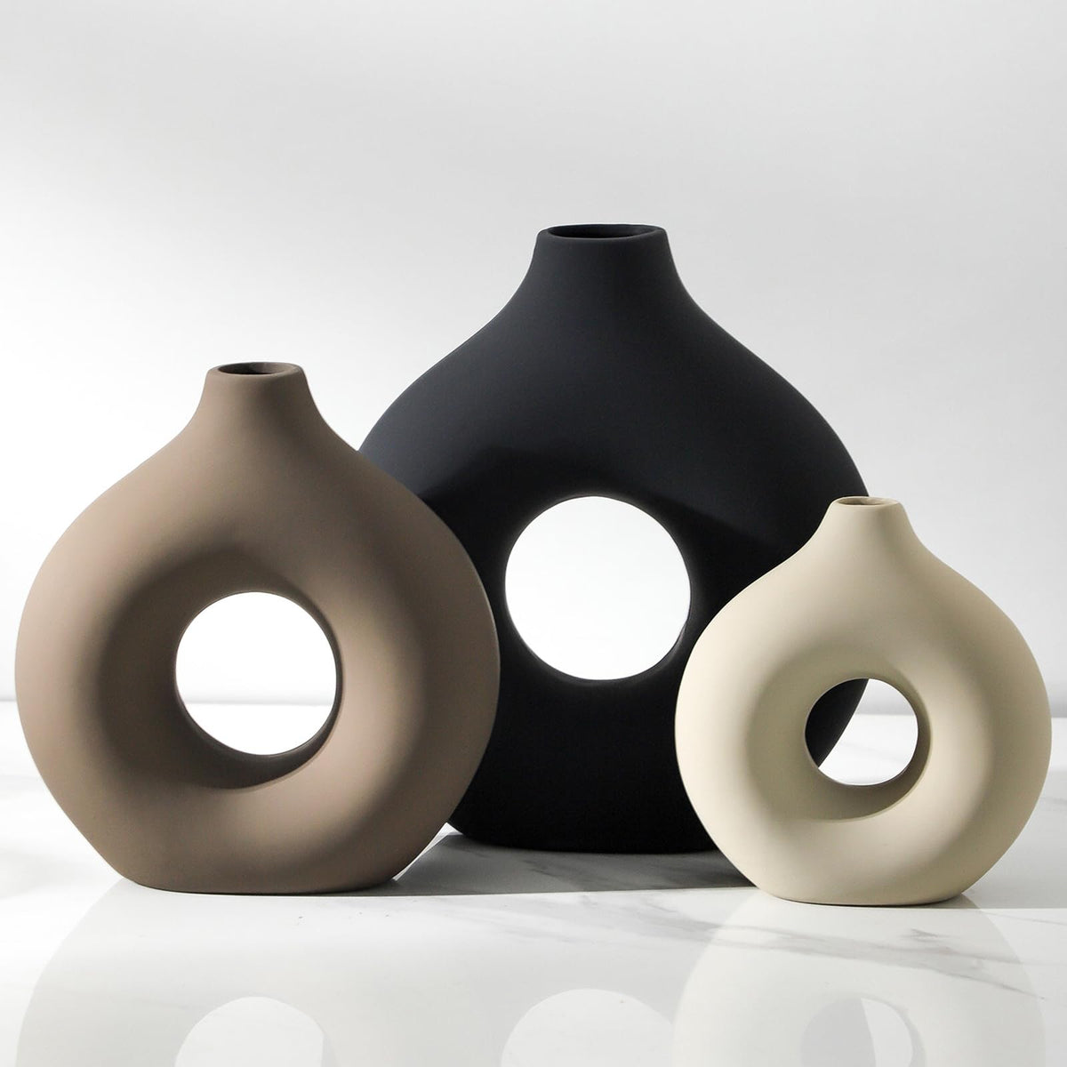 Vanselia Ceramic Vase Home Table Decor - Flower Vases Set of 3 Small Living Room Centerpiece Decorations for Shelf Bedroom Office Kitchen Dining Desk Modern Aesthetic Farmhouse Decorative (Brown)
