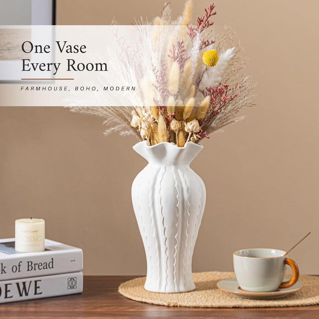 White Ceramic Vase for Flowers, 10 Inch Ruffled Vase for Home Decor Gift