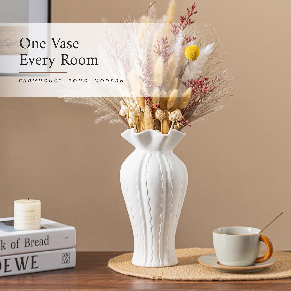White Ceramic Vase for Flowers, 10 Inch Ruffled Vase for Home Decor Gift