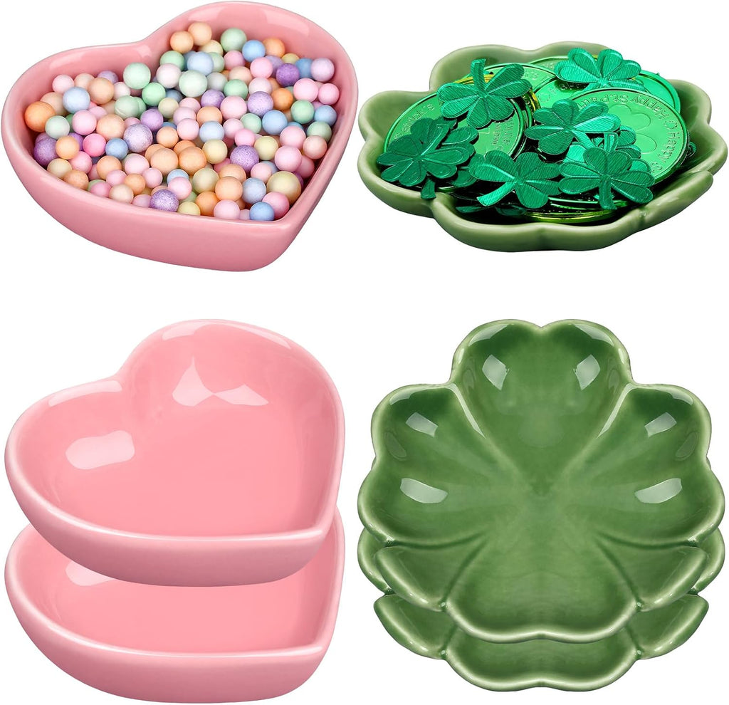 SiliFine 6 Pcs Valentine and St. Patrick's Day Ceramic Candy Dish Set Heart Shaped Bowl and Shamrock Porcelain Bowls Multipurpose Bowl for Valentine Wedding Irish Day Gift Decoration