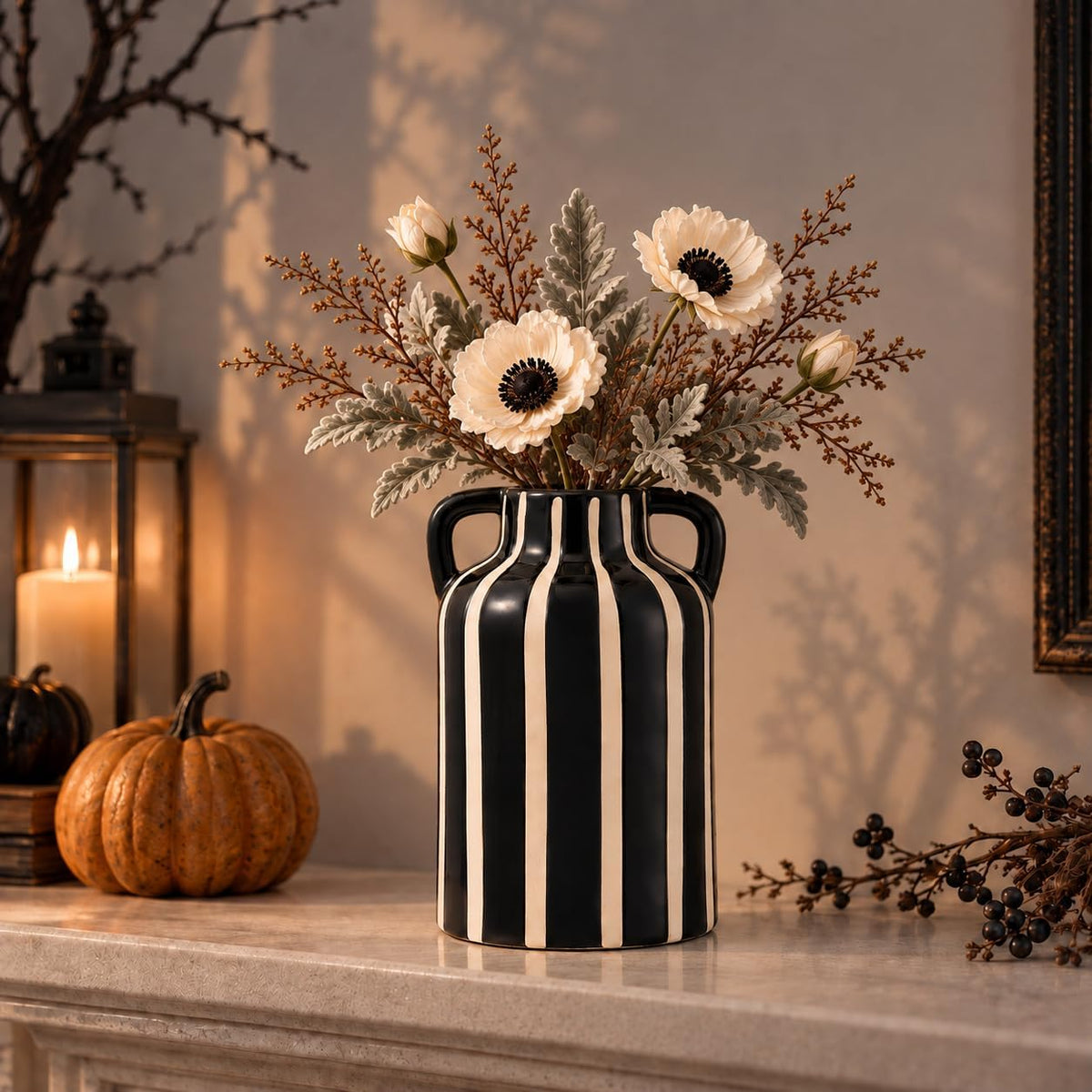 SURE YUESI Black Ceramic Vase with Handles, 9.1 Inch Striped Flower Vase for Halloween Decor, Modern Farmhouse Vase for Pampas Grass, Shelf Decor, Dining Table Centerpiece