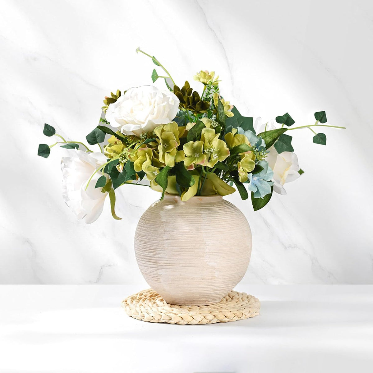 Rustic Ceramic Vintage Farmhouse Vase for Decor (Small Ribbed Whitewash)