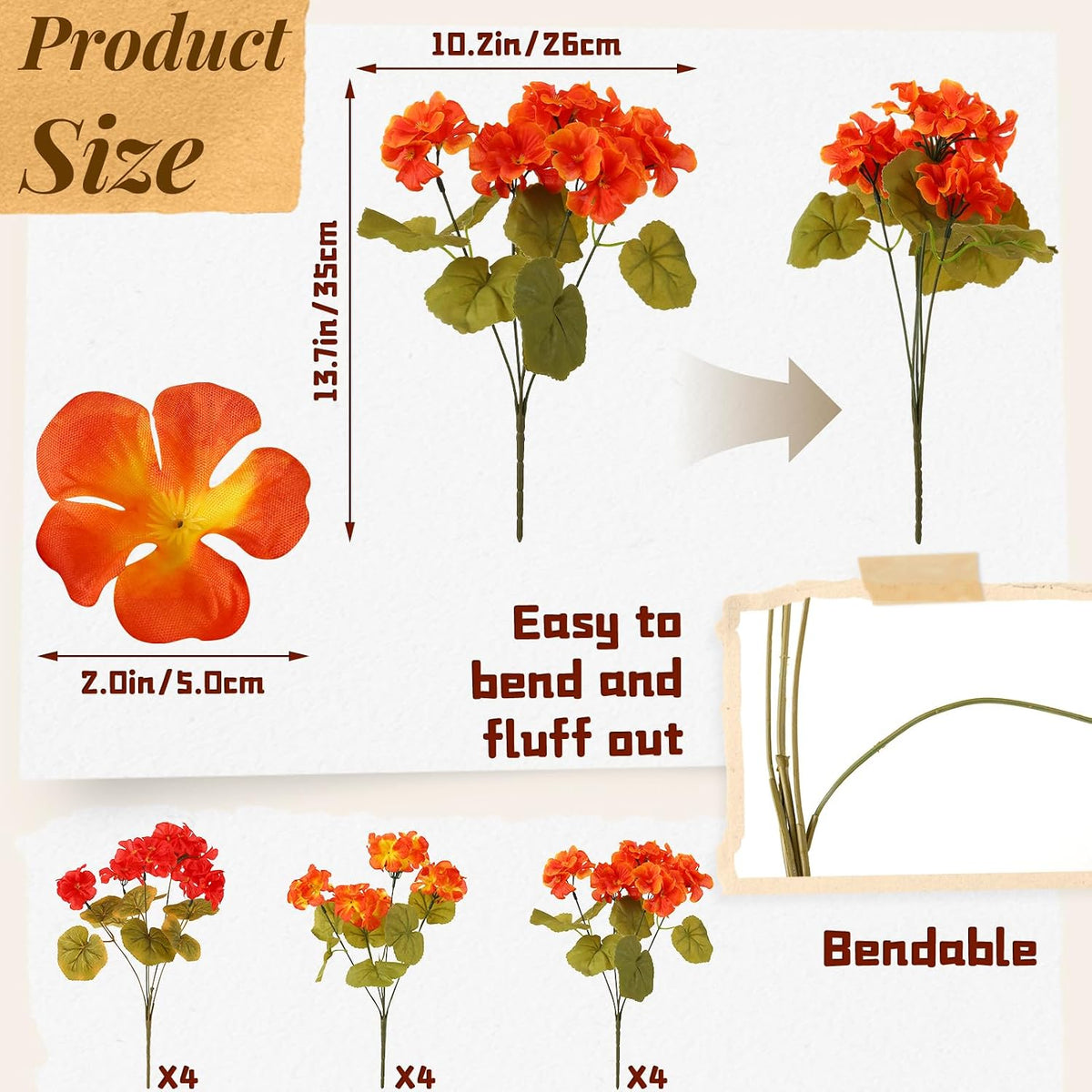 12Pcs Artificial Geraniums for Outdoor, Fall Silk Fake Flowers