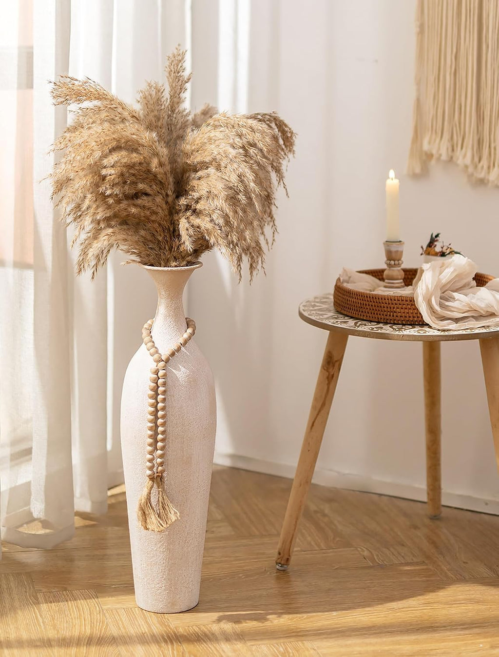 Sziqiqi Metal Tall Floor Vase, Large Boho Vase with Bead for Pampas Grass