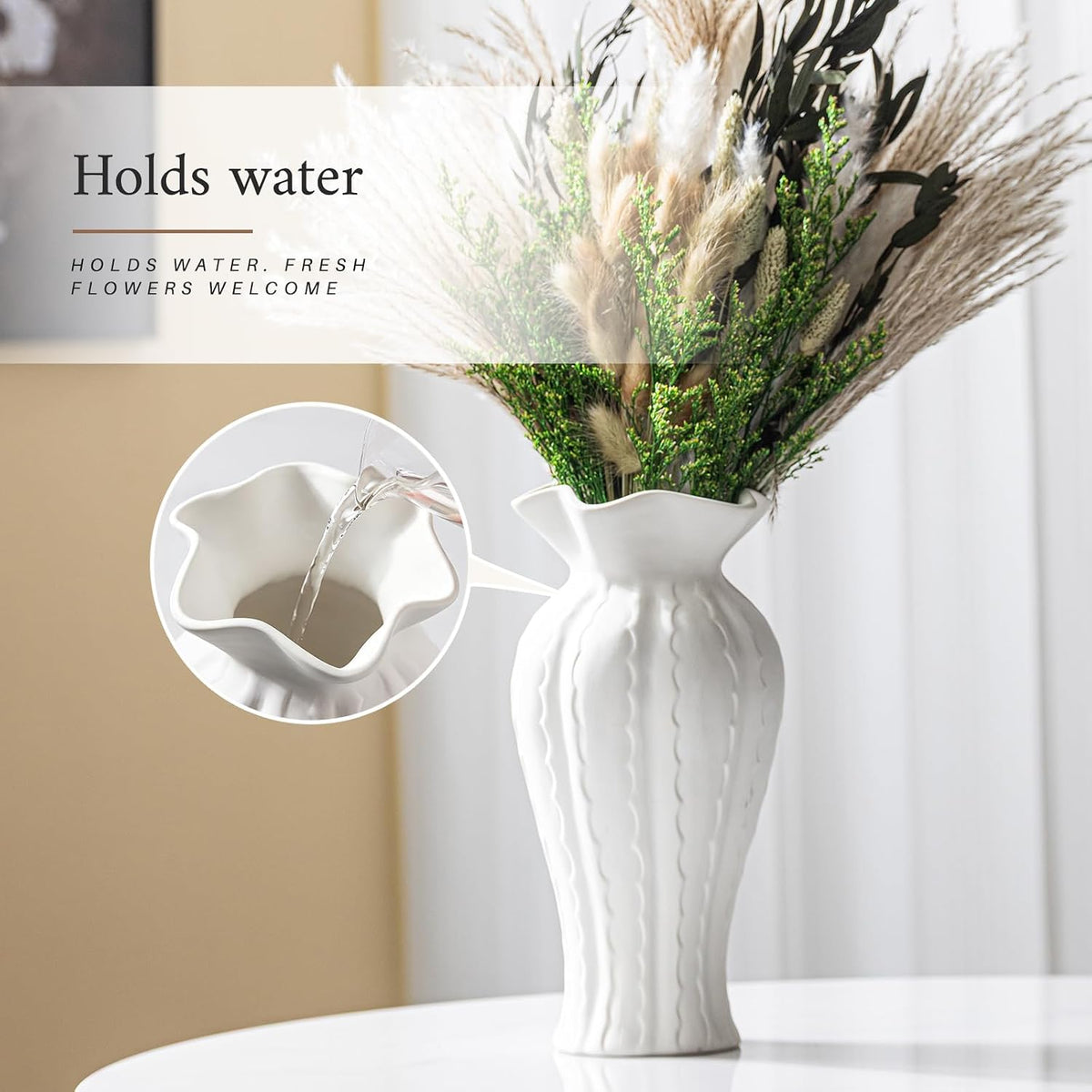 White Ceramic Vase for Flowers, 10 Inch Ruffled Vase for Home Decor Gift