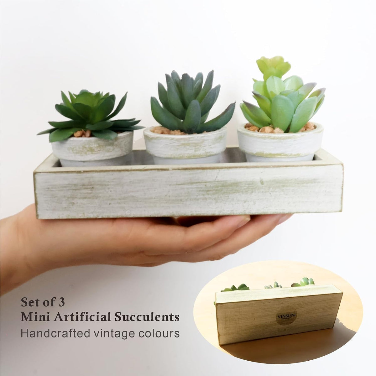 3 Pack Mini Artificial Succulent Plants with Wooden Tray