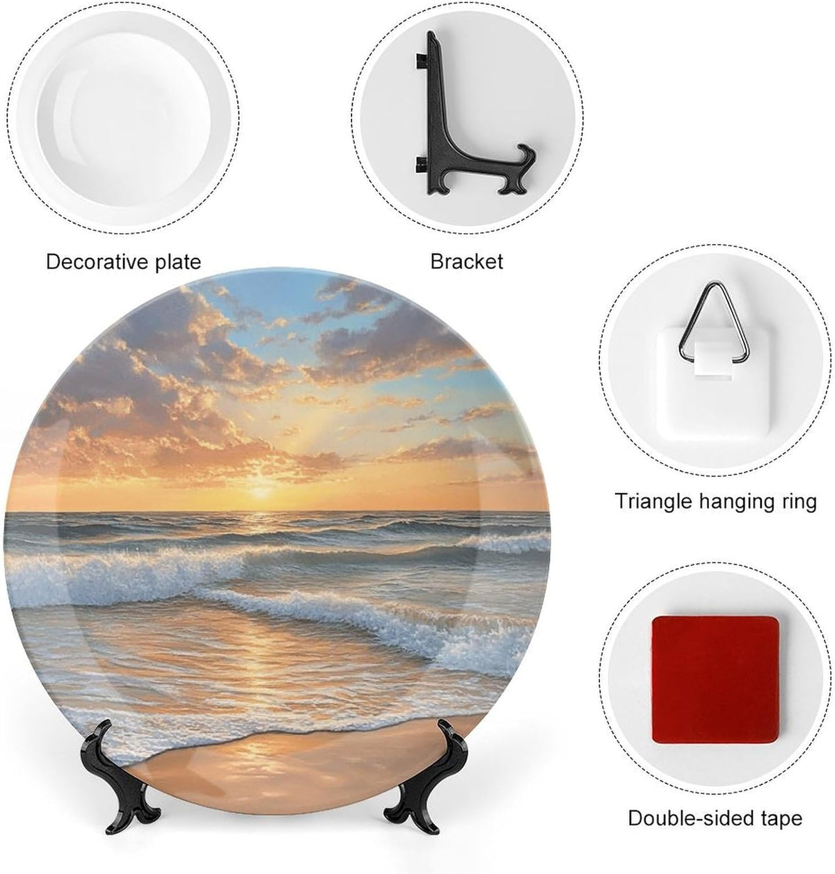 Ocean Sunset Glow Bone China Decorative Plate Ceramic Decorative Plate Home Wall Decor with Vertical Stand Decorative Plates