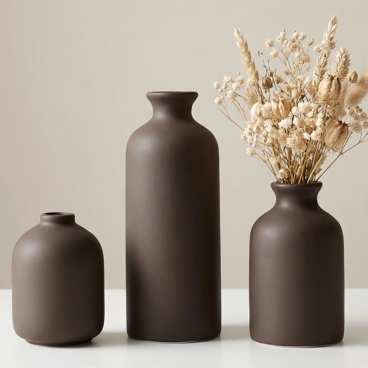 Small Beige Ceramic Vase Set of 3,Modern Boho Farmhouse Flowers Vases