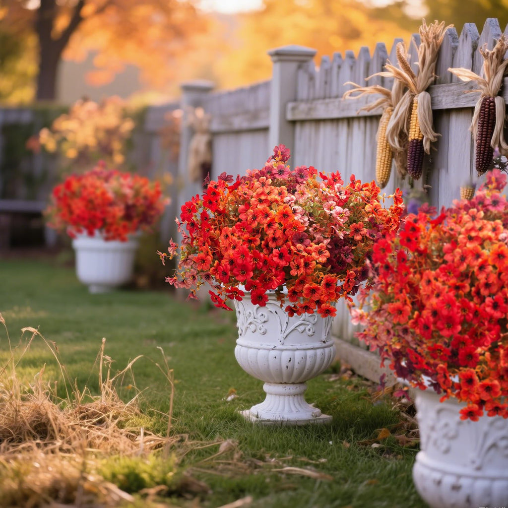 Grunyia 20 Bundles UV Resistant Artificial Fall Flowers - Fake Autumn Plants for Autumn Indoor Outdoor Garden Patio Fireplace Window Box Kitchen Home Decor (Fall Orange Mix)