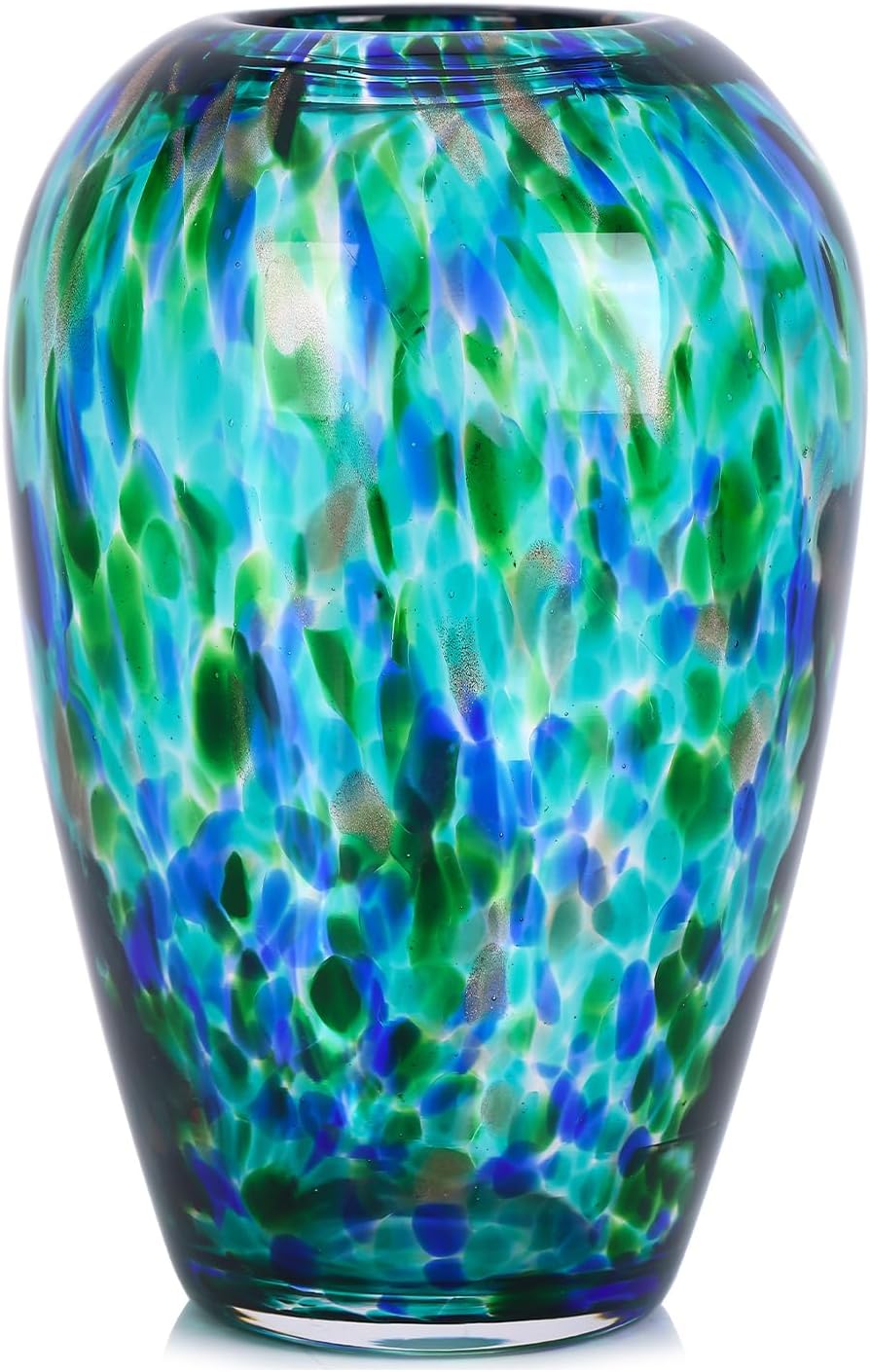 9" Tall Teal Vase Hand Blown Glass Vase, Unique Turquoise Glass Vases Modern Home Centerpieces, Wide Mouth Flower Vases for Bouquet, Living Room, Kitchen, Wedding, Dining Table Center