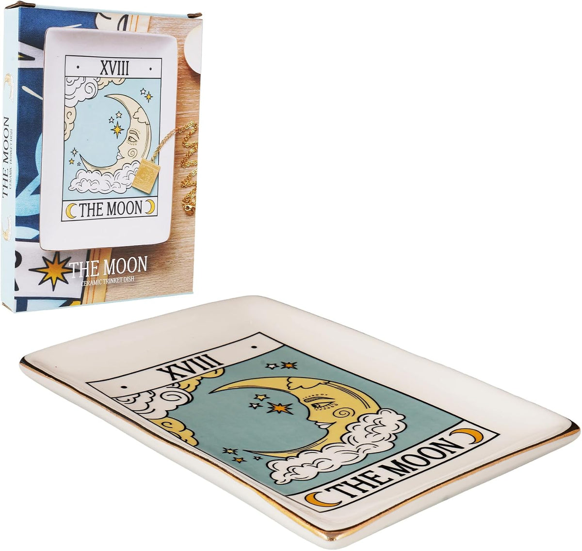 Moon Tarot Card Ceramic Tray – 6.5 x 4.5 Inch Decorative Dish for Jewelry, Keys, Coins, Crystals, or Small Essentials | Mystical Home Décor