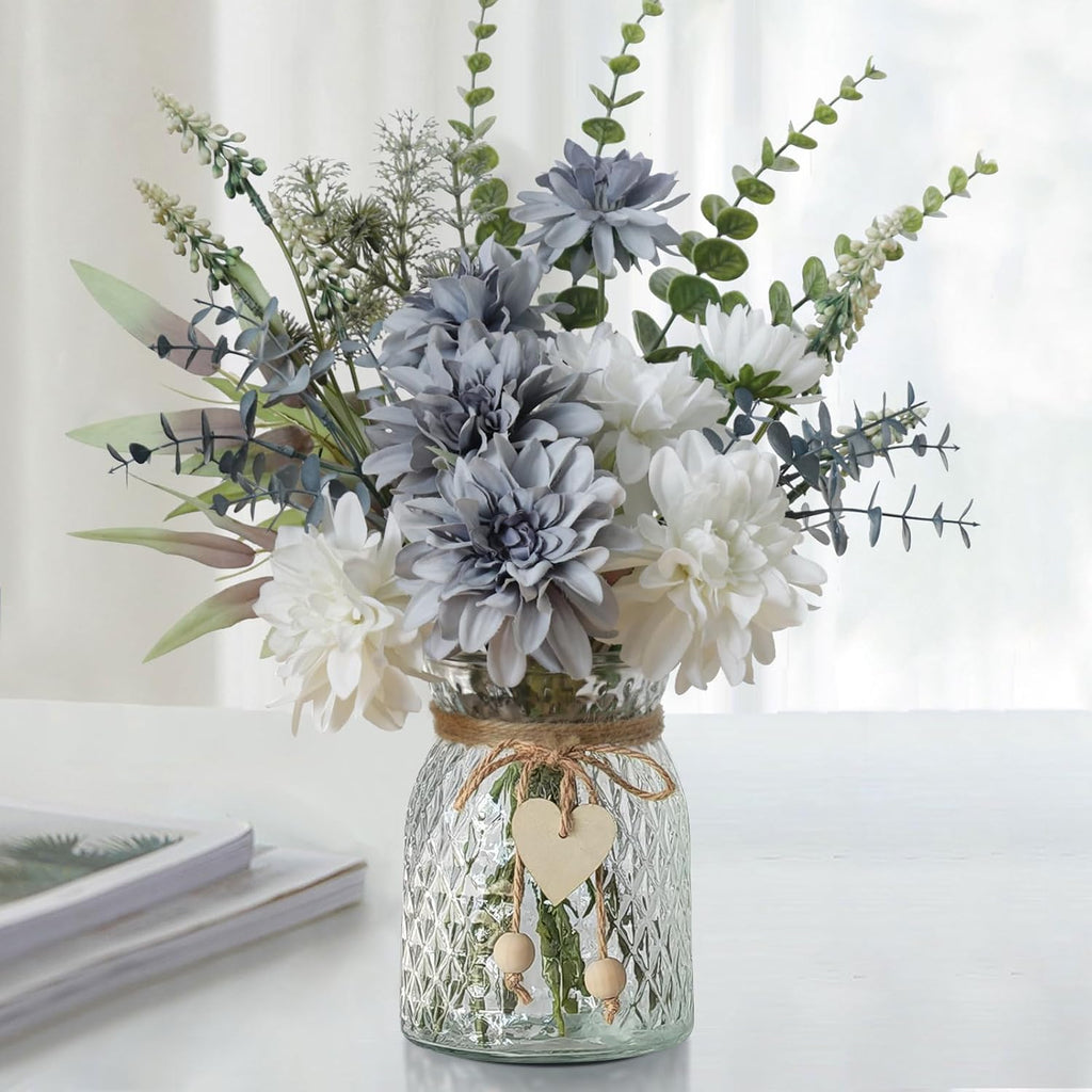 Leftover Fake Flowers with Vase,Silk Dahlia Flowers,Artificial Flowers in Vase,Centerpiece Table Decorations,Flower Centerpieces for Tables,Kitchen Table Decor,Coffee Table Decor