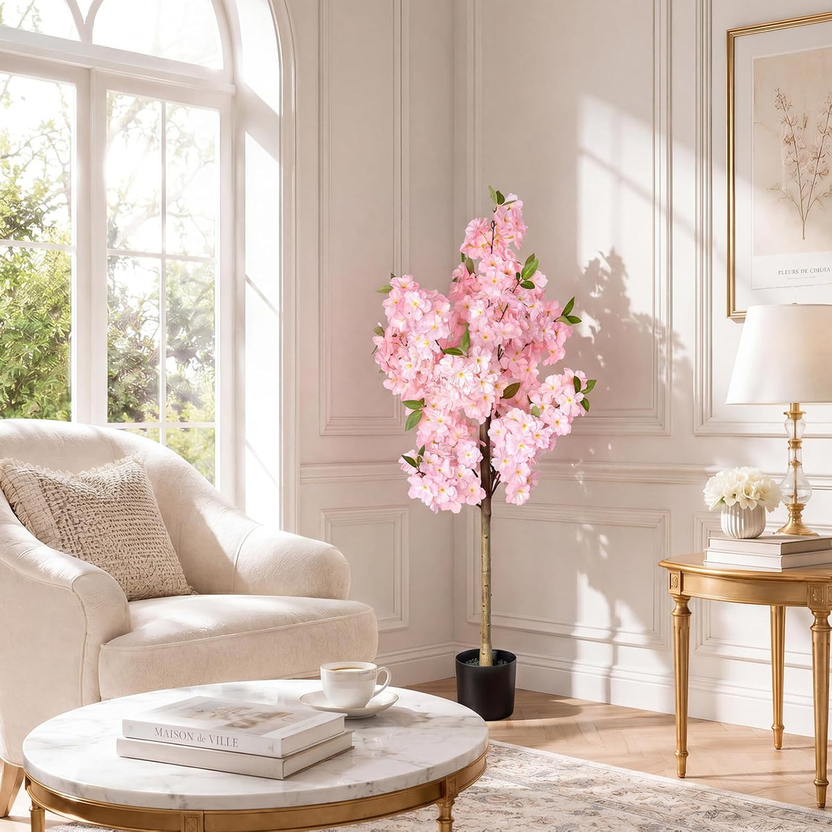 Cherry Blossom Tree 4FT Artificial Plants Indoor - Reinforced Spiral Connection Base & Anti-Shedding Silk Sakura Flowers, Faux Pink Tree for Living Room Home Office Bedroom Decor
