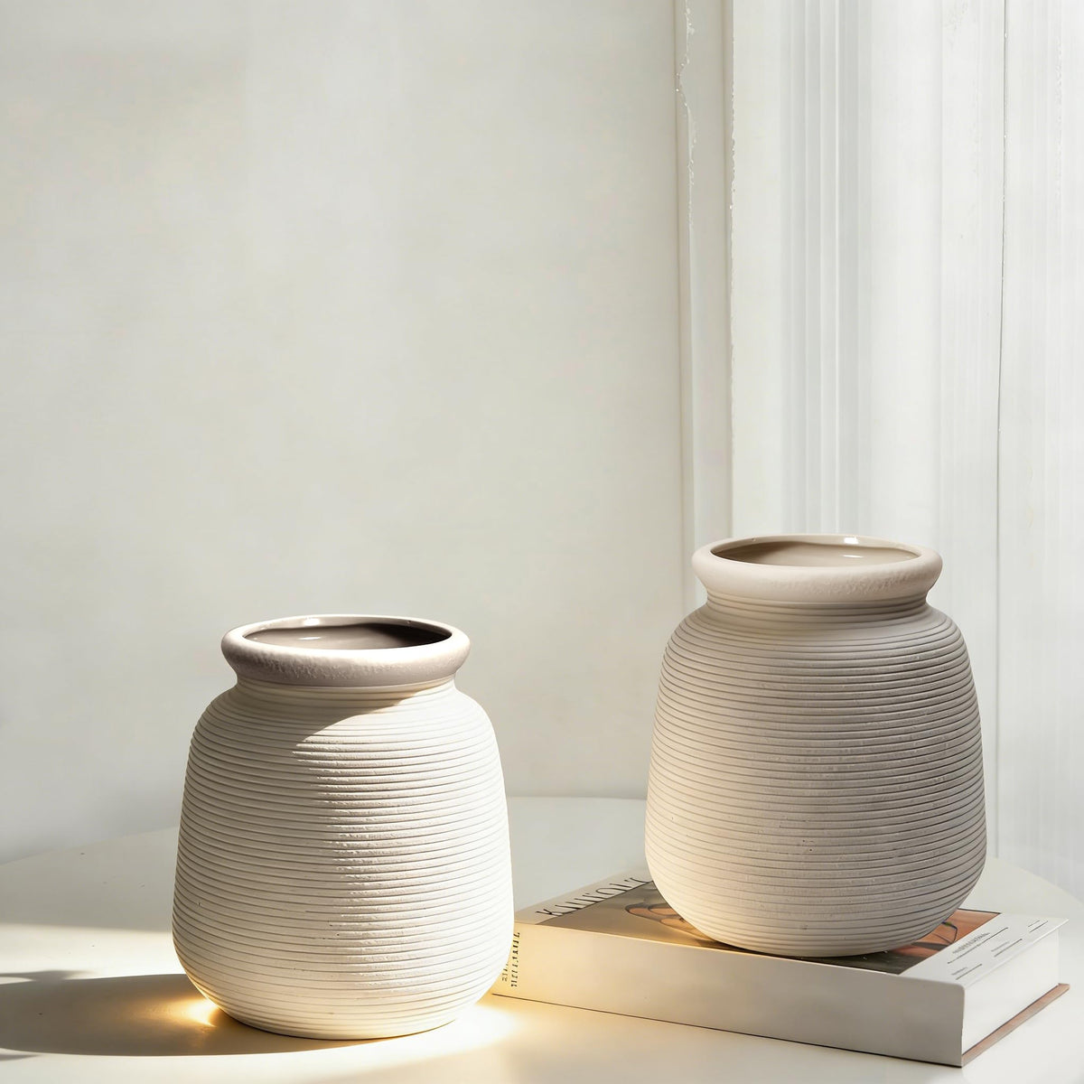 Ceramic Vase Set of 2 Ribbed Matte Rustic Farmhouse Decor