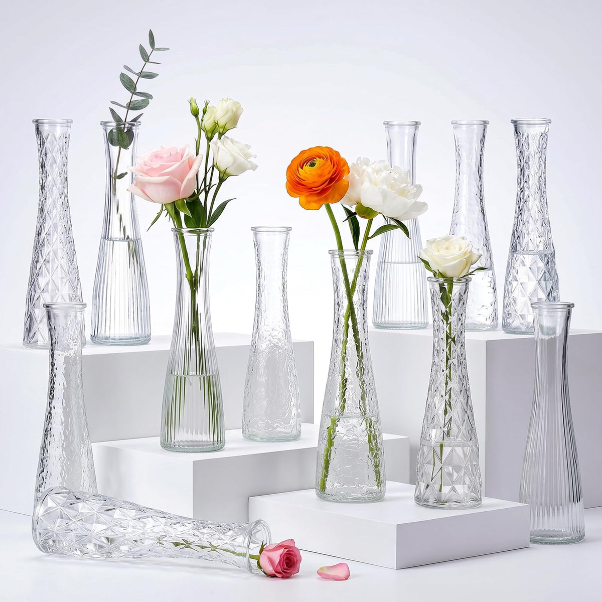 Glass Bud Vases Bulk 12 Pcs - Golden Water Ripple Wedding Centerpiece Vases, Small Flower Vases for Table Decor, Party Events & Home Decor