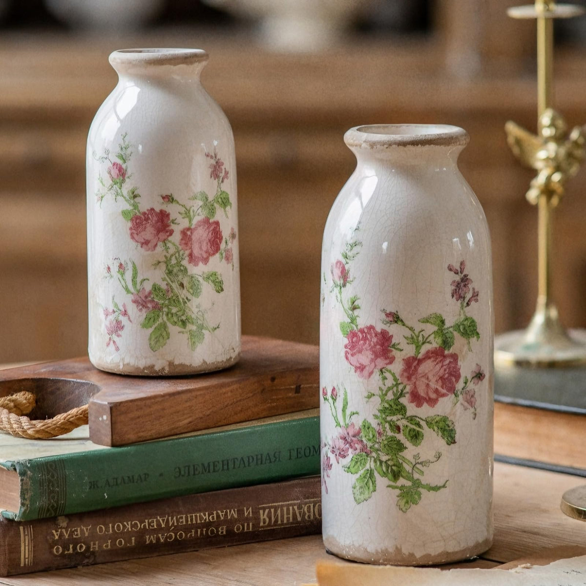 Teweiqi Vintage Vase Set of 3, Ceramic Flower Vases Chinoiserie Decor, Rustic Farmhouse Vases Retro Decorative Vases, for Home Living Room Kitchen Table Mantle Shelf Decor - Green and White