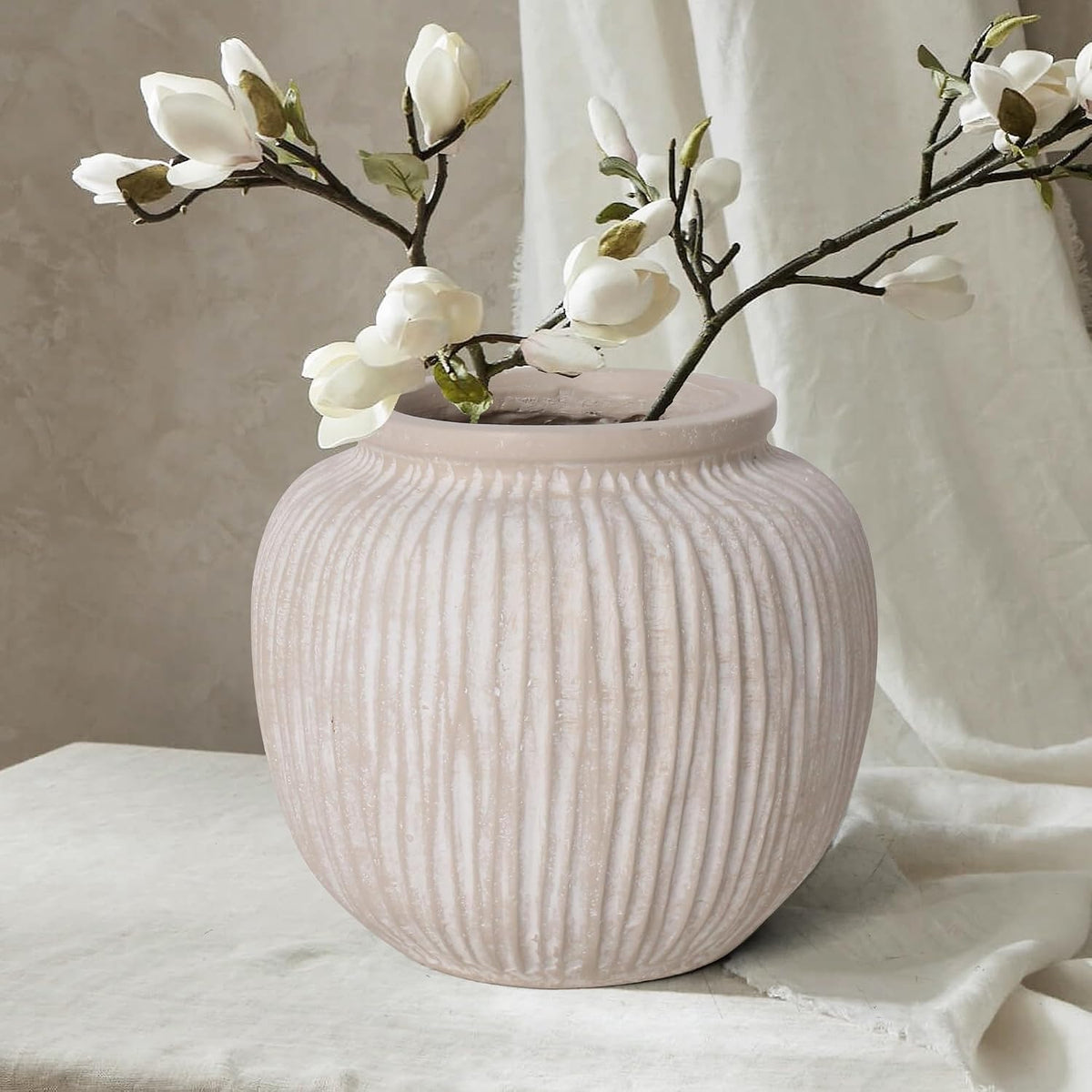 Oakrain Large Rustic Decorative Vase, 9" Distressed White Round Floor Vase