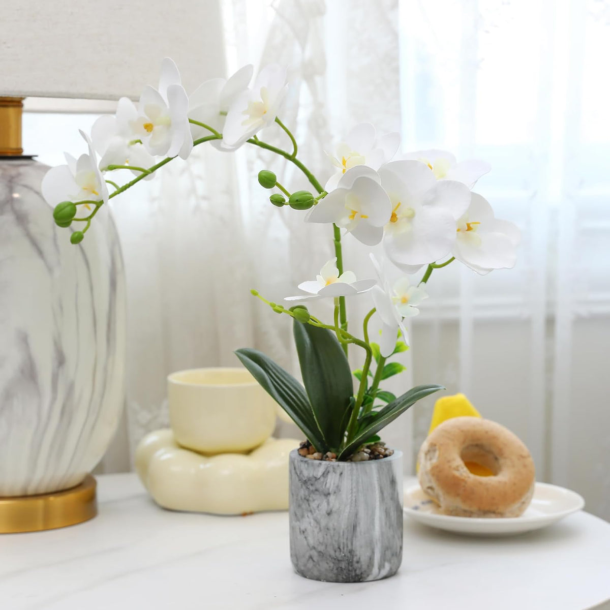 White Fake Orchids Flowers in Pot Bendable Faux Orchids Artificial Flowers Washable Silk Orchid Phalaenopsis Decor for Home Wedding Table Centerpiece Bathroom Office