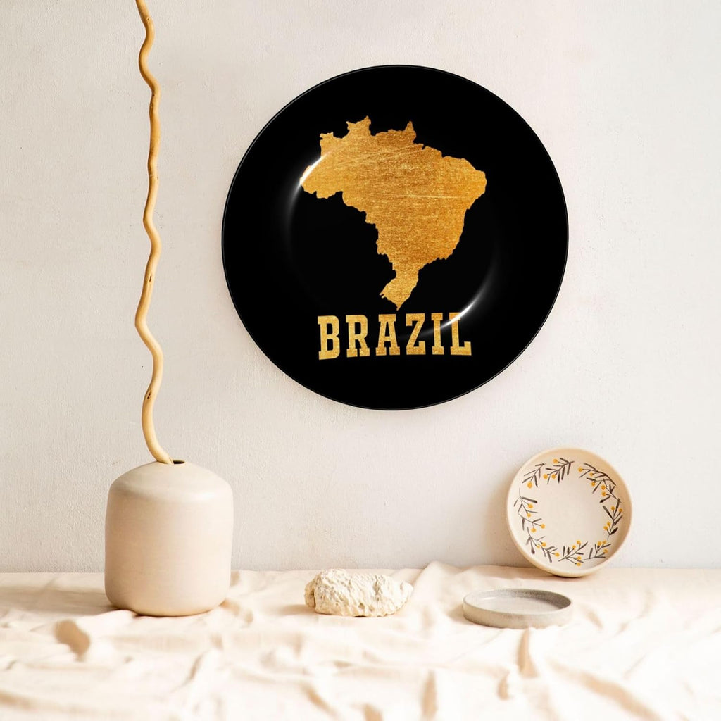 Bone China Decorative Plate with Display Stand, Brazil Brazilian Map Golden Emblem Round Ceramic Dinner Plate Art Crafts for Home Decor 7in