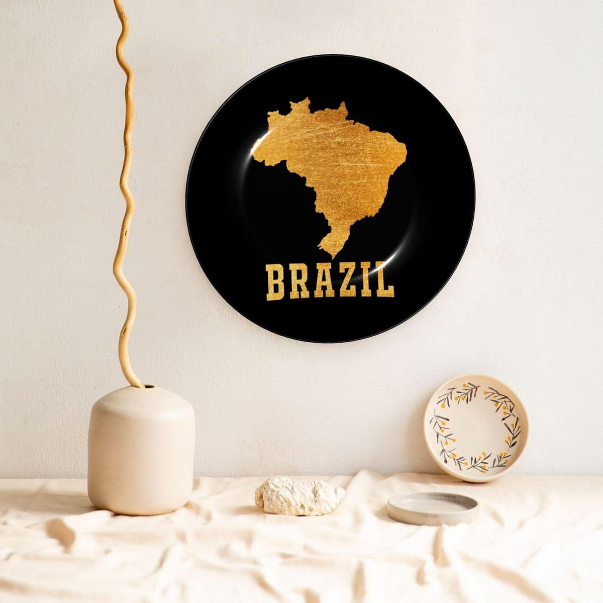 Bone China Decorative Plate with Display Stand, Brazil Brazilian Map Golden Emblem Round Ceramic Dinner Plate Art Crafts for Home Decor 7in