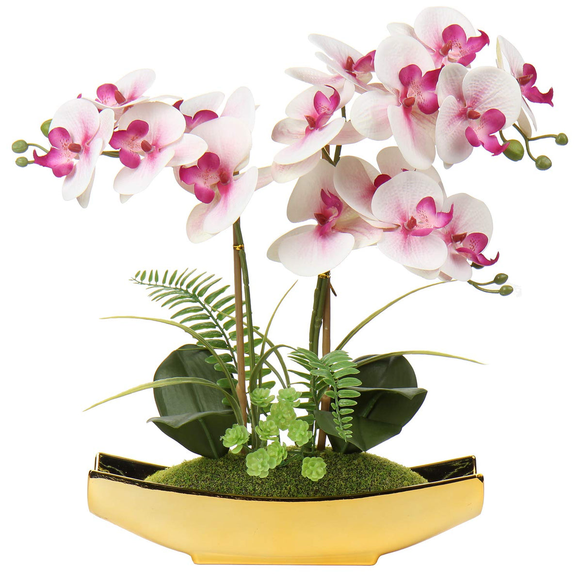 Briful 15" White Faux Orchid Arrangement in Silver Boat Pot Table Decor
